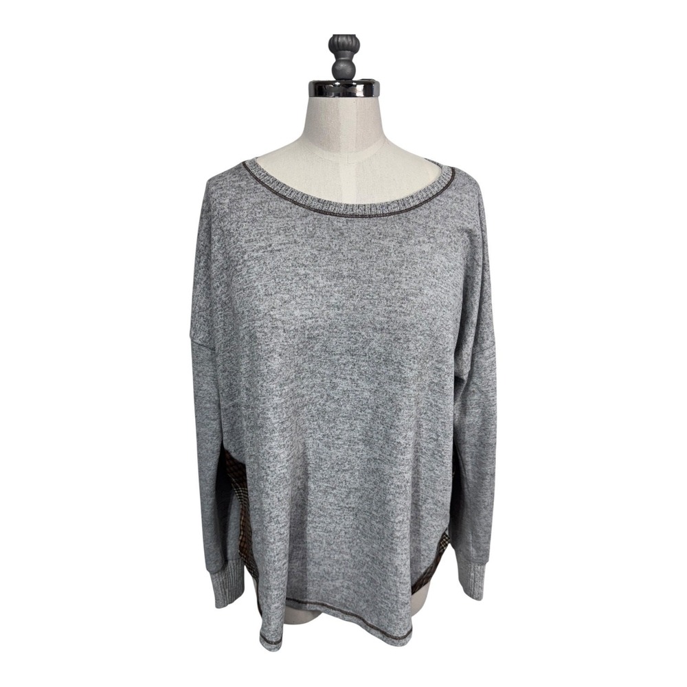 Hem & Thread Plaid Contrast Gray Knit Pullover Sweater Back Cutout Women's Small